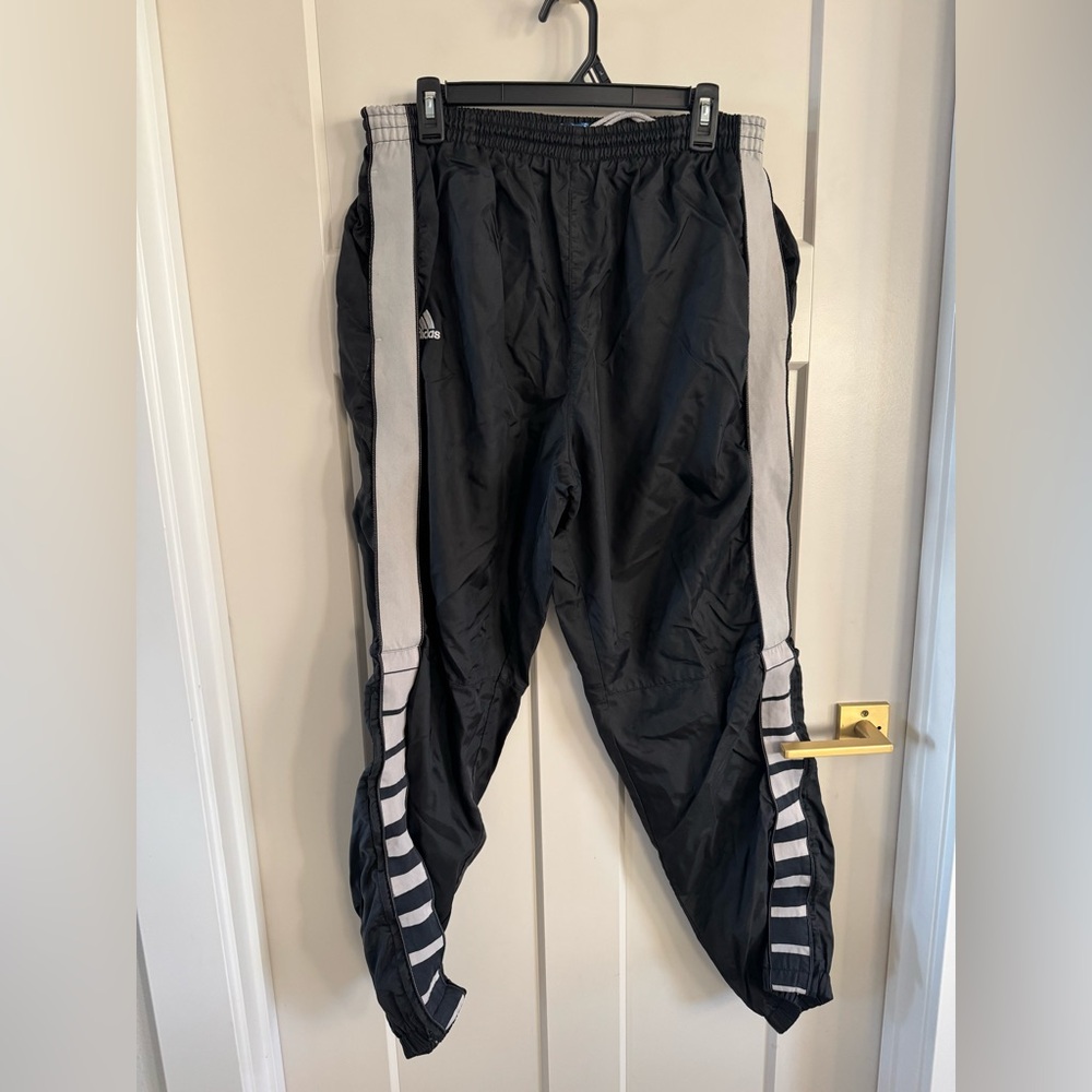 Adidas Black Track Pants with White Stripes large Y2K vintage